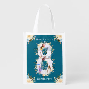 8th Birthday Teal Photo Collage Blue Yellow Flower Grocery Bag