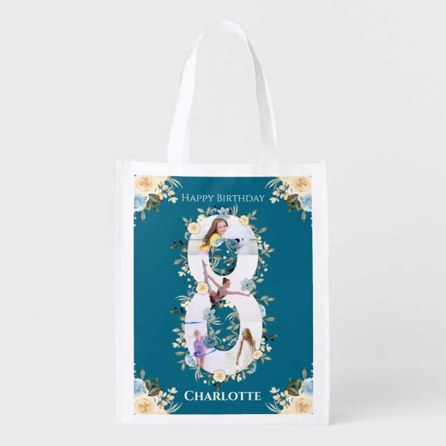 8th Birthday Teal Photo Collage Blue Yellow Flower Grocery Bag (Front)