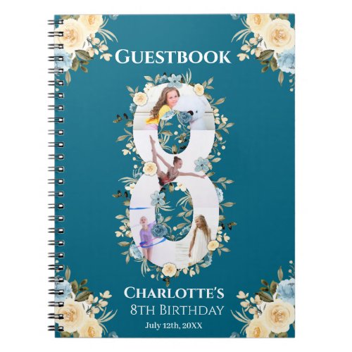 8th Birthday Teal Photo Flower Yellow Guest Book