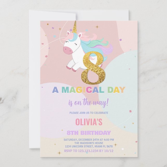8th Birthday Unicorn Birthday Invitations (Front)