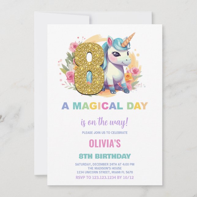 8th Birthday Unicorn Birthday Invitations (Front)