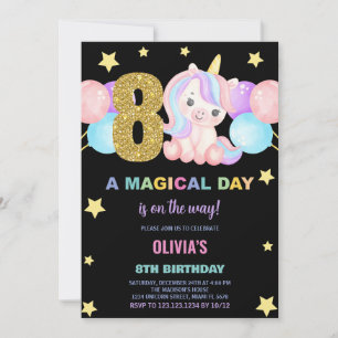 8th Birthday Unicorn Birthday Invitations