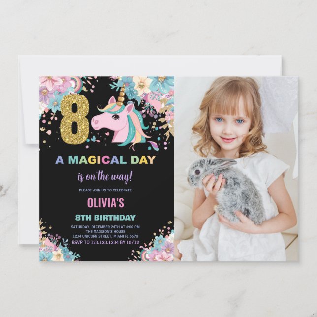 8th Birthday Unicorn Birthday Invitations photo (Front)