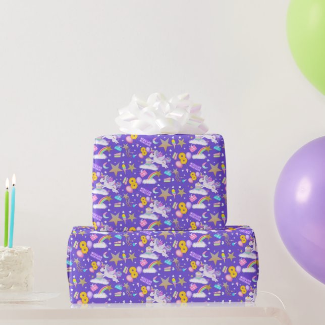 8th Birthday Unicorn Pattern Purple Wrapping Paper (Party Gifts)
