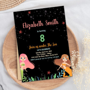 8th Black Mermaid Birthday Invitations