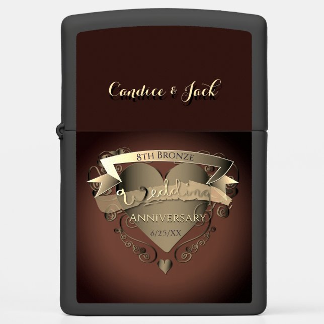 8th Bronze Wedding Anniversary 3D Heart Emblem Zippo Lighter (Front)