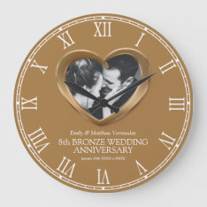 8th Bronze Wedding Anniversary Custom Photo Heart Large Clock at Zazzle