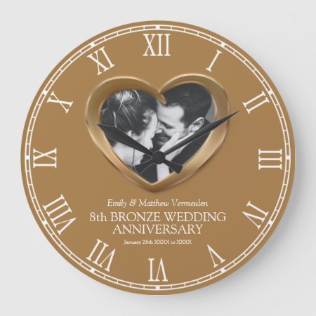 8th Bronze Wedding Anniversary Custom Photo Heart Large Clock