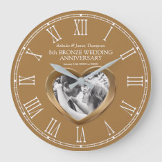8th Bronze Wedding Anniversary Custom Photo Heart Large Clock at Zazzle