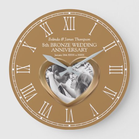 8th Bronze Wedding Anniversary Custom Photo Heart Large Clock