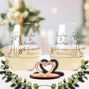 8th Bronze Wedding Anniversary Line Art Couple Stemless Wine Glass