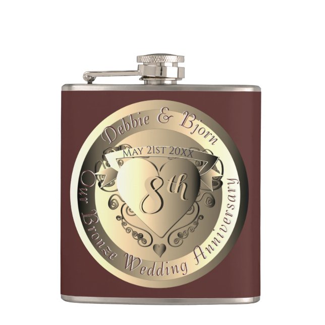 8th Bronze Wedding Anniversary Medallion Flask (Front)