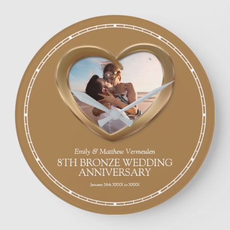 8th Bronze Wedding Anniversary Photo Heart Large Clock