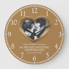 8th Bronze Wedding Anniversary Photo Heart Numbers Large Clock at Zazzle