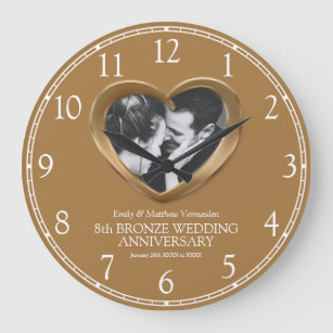 8th Bronze wedding anniversary photo heart numbers Large Clock