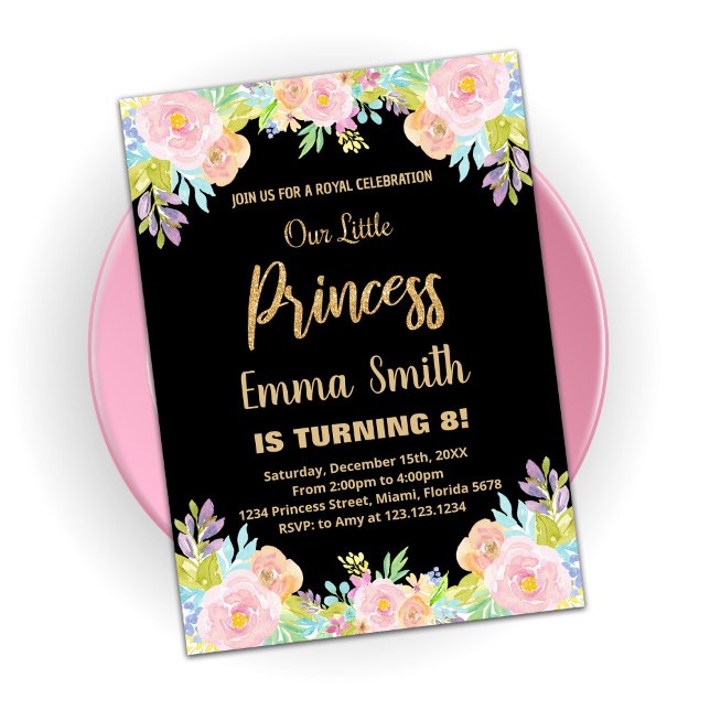 8th Floral Glitter Princess Birthday Invitations (Creator Uploaded)