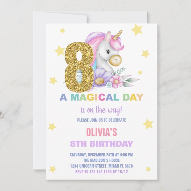 8th Floral Unicorn Birthday Invitations (Front)