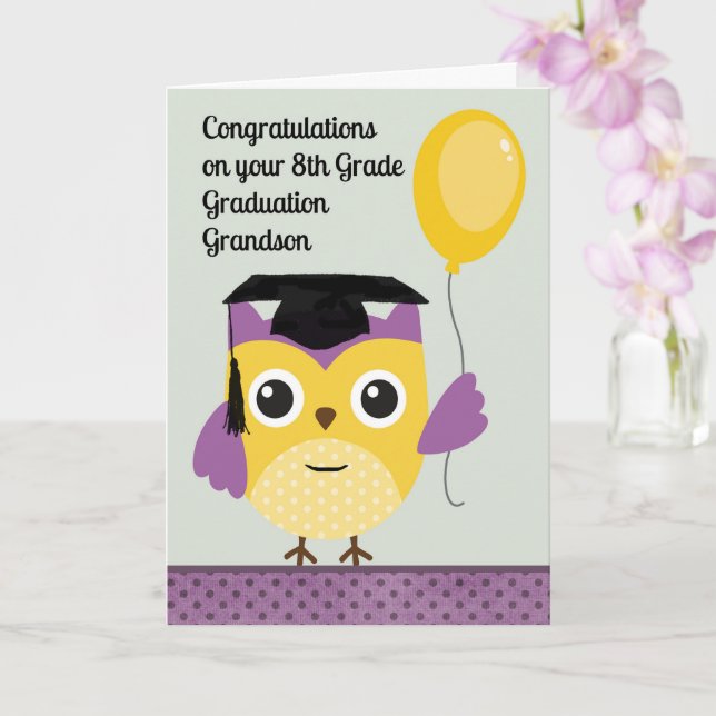 8th Grade Graduation Card for Grandson with Owl | Zazzle