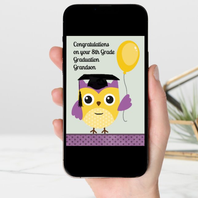 8th Grade Graduation Card for Grandson with Owl (Front Digital)
