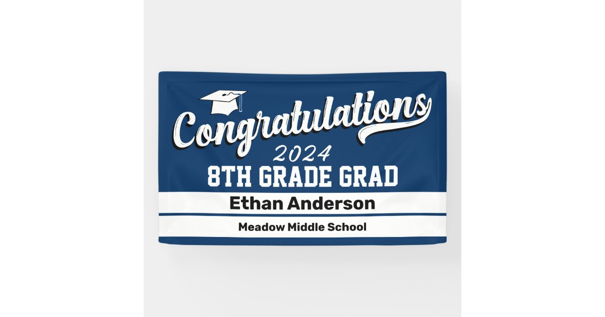 8th Grade Graduation Dark Blue and White Banner | Zazzle
