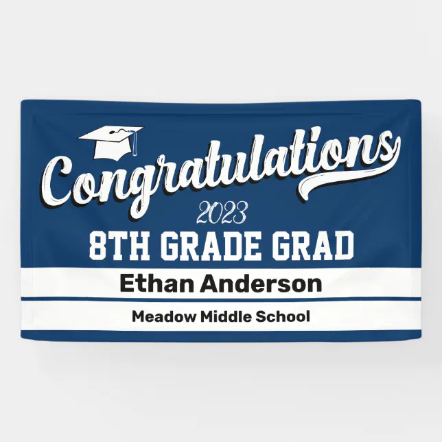 8th Grade Graduation Dark Blue and White Banner | Zazzle