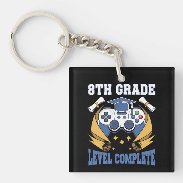 8th Grade Level Complete Gaming Gamer Graduation Keychain (Front)