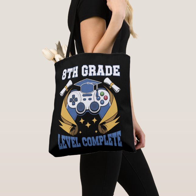 8th Grade Level Complete Gaming Gamer Graduation Tote Bag (Close Up)