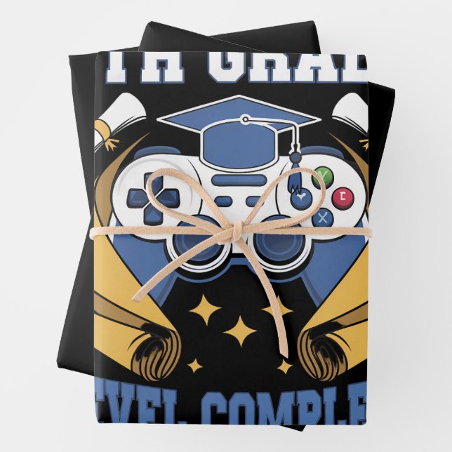 8th Grade Level Complete Gaming Gamer Graduation Wrapping Paper Sheets (In situ)
