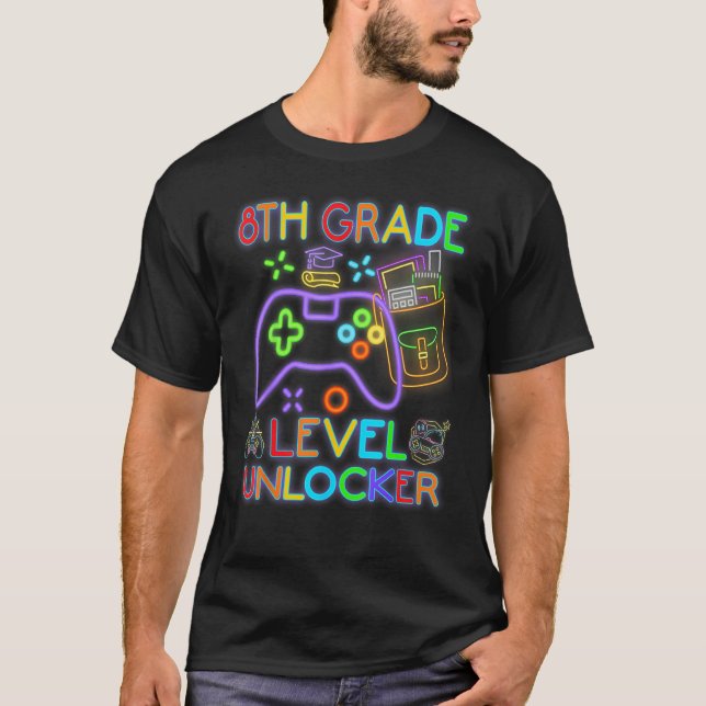 8th Grade Level Unlocked Neon Video Gamer Back to  T-Shirt (Front)