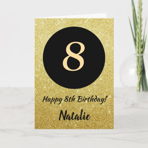 8th Happy Birthday Black and Gold Glitter Card