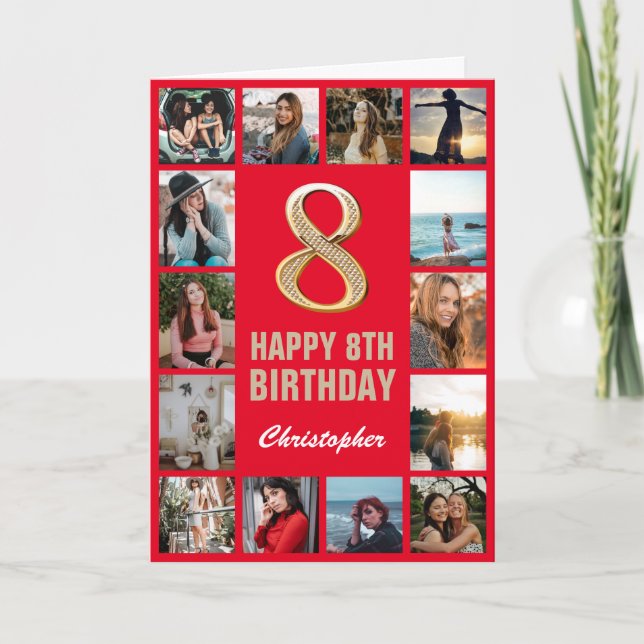 8th Happy Birthday Red and Gold Photo Collage Card (Front)