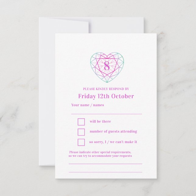 8th pink green heart anniversary reply RSVP Card (Front)