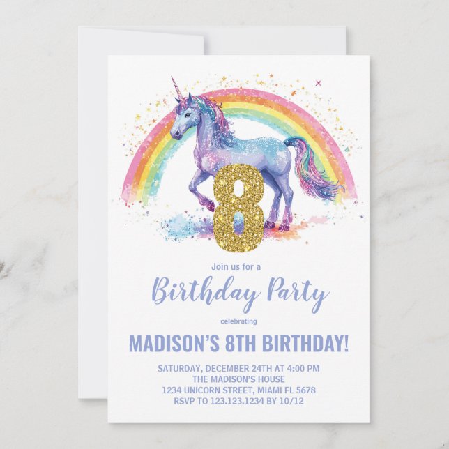 8th Rainbow Unicorn Birthday Invitations (Front)