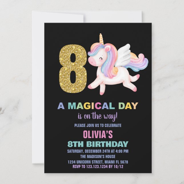 8th Rainbow Unicorn Birthday Invitations Black (Front)