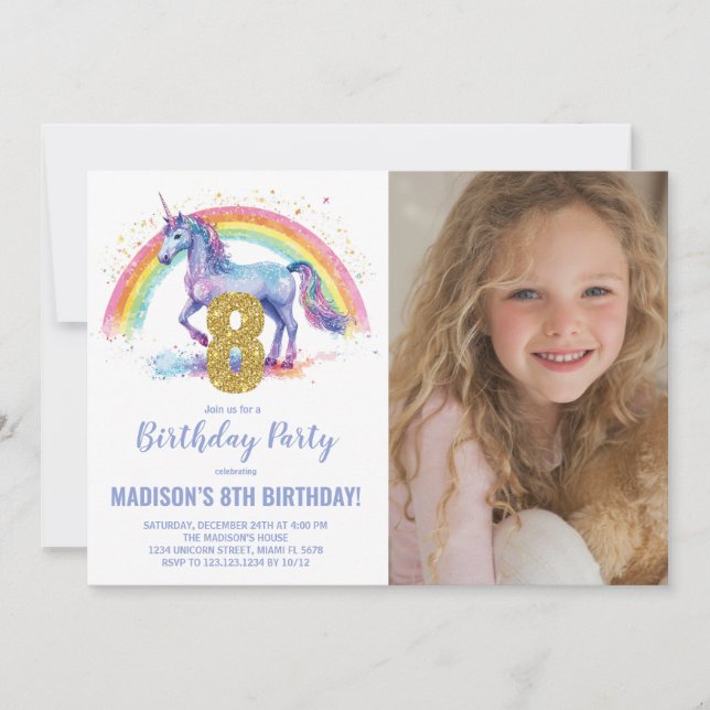 8th Rainbow Unicorn Birthday Invitations photo (Front)