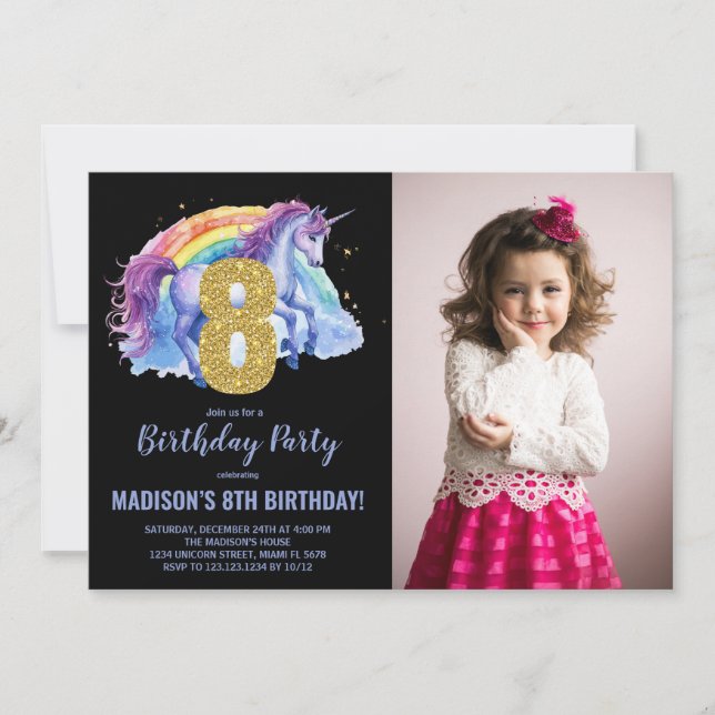 8th Rainbow Unicorn Birthday Invitations photo (Front)