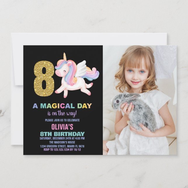 8th Rainbow Unicorn Birthday Invitations photo (Front)