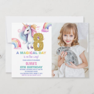 8th Rainbow Unicorn Birthday Invitations w photo