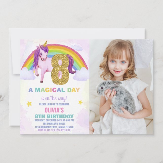 8th Rainbow Unicorn Birthday Invitations w photo (Front)
