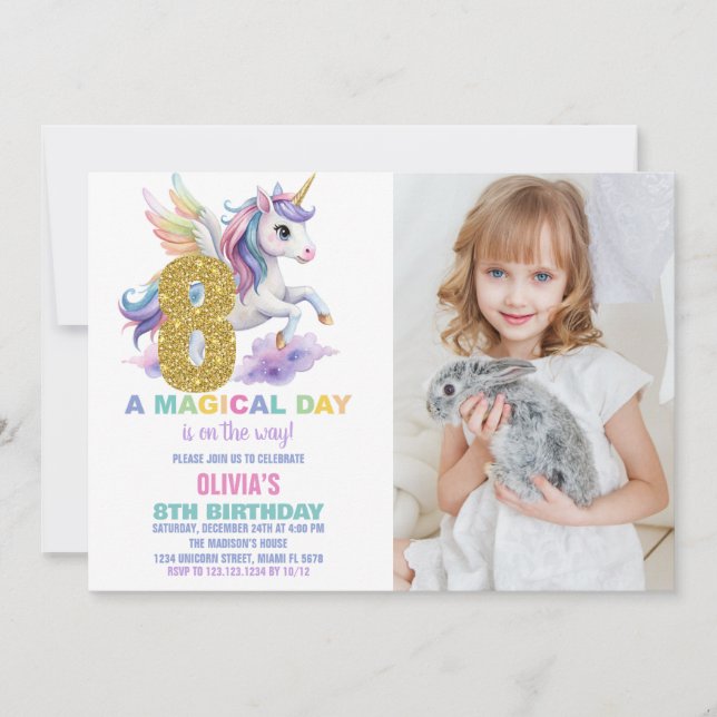 8th Rainbow Unicorn Birthday Invitations w photo (Front)
