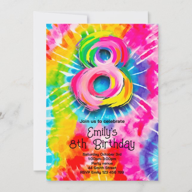 8th Tie Dye Birthday Invitation (Front)
