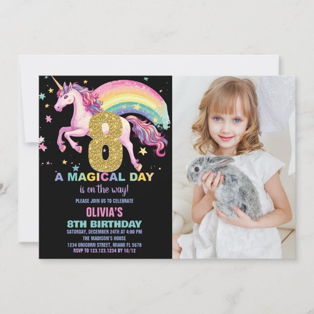 8th Unicorn Birthday Invitations Black with photo (Front)