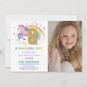 8th Unicorn Birthday Invitations with photo