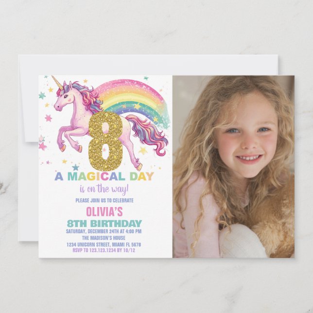 8th Unicorn Birthday Invitations with picture (Front)