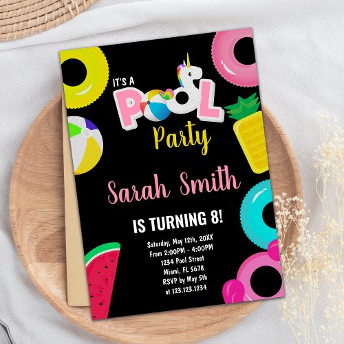 8th Unicorn watermelon Pool Birthday Invitations