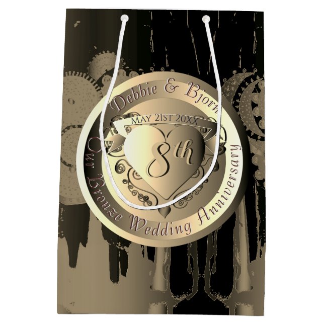 8th Wedding Anniversary Bronze Heart Medallion Med Medium Gift Bag (Back)