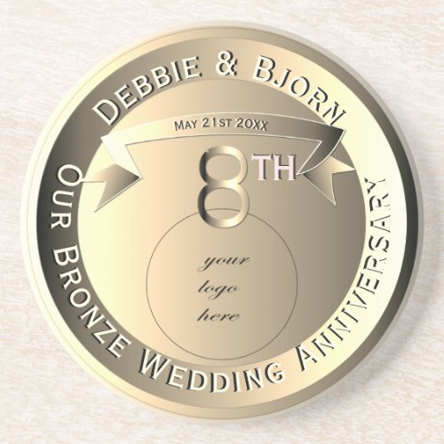 8th Wedding Anniversary Bronze Medallion Image  Coaster