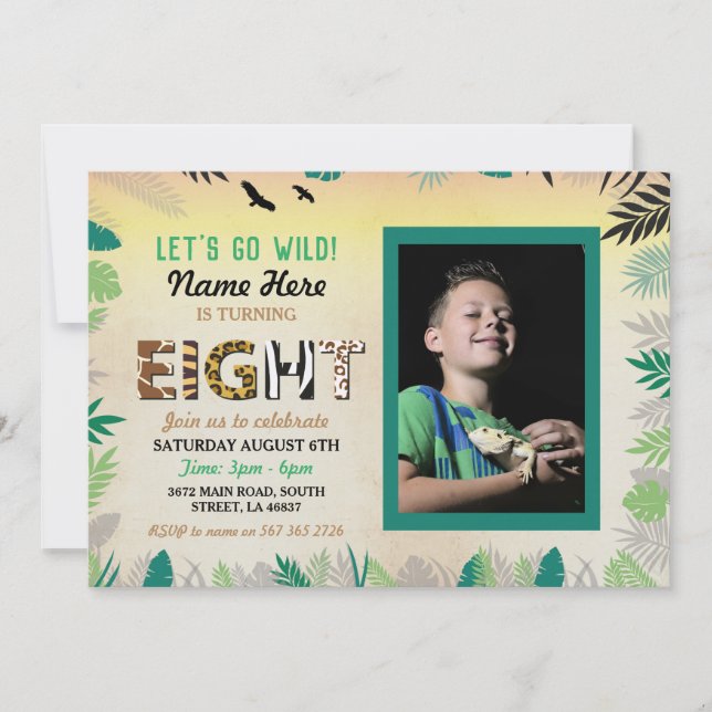 8th Wild Eight Birthday Party Safari ZOO Photo Invitation (Front)