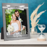 8x10 Mr and Mrs Wedding Photo in Silver Damask Plaque<br><div class="desc">Lovely gift for the newlyweds. Add a wedding photo and their last name. Done in an elegant silver print and bow. Great wedding gift or anniversary gift.</div>