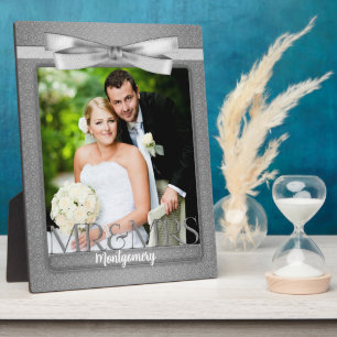 8x10 Mr and Mrs Wedding Photo in Silver Damask Plaque